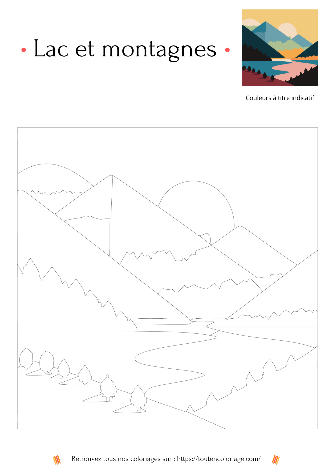 Coloriage a imprimer d'un paysage de montagnes avec une rivière qui coule au premier plan.