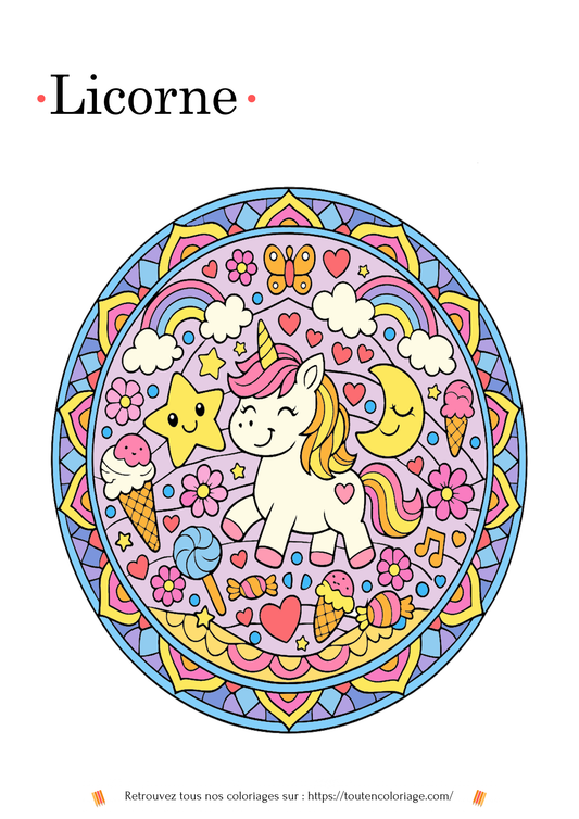 Coloriage mandala licorne avec des motifs géométriques détaillés à imprimer.