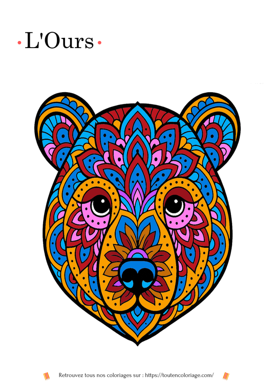 Dessin à colorier d'un mandala représentant une tête d'ours