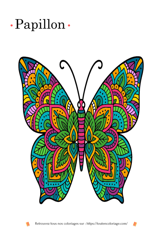 Coloriage a imprimer d'un Mandala coloré en forme de papillon pour les enfants