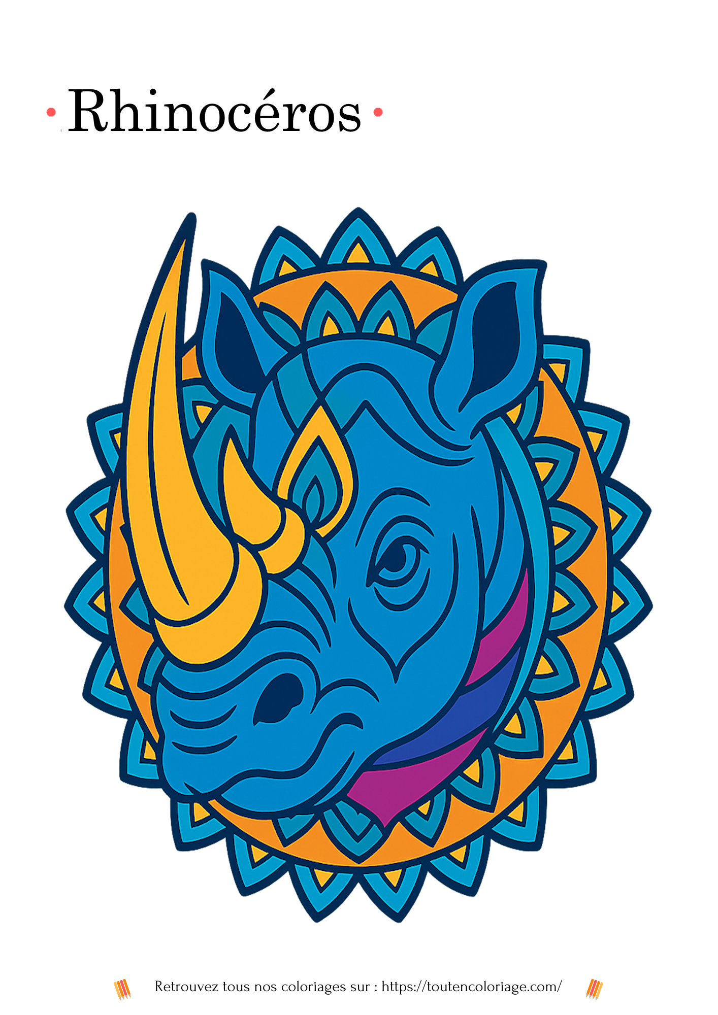 Coloriage à imprimer d'un mandala représentant une tête de rhinocéros.