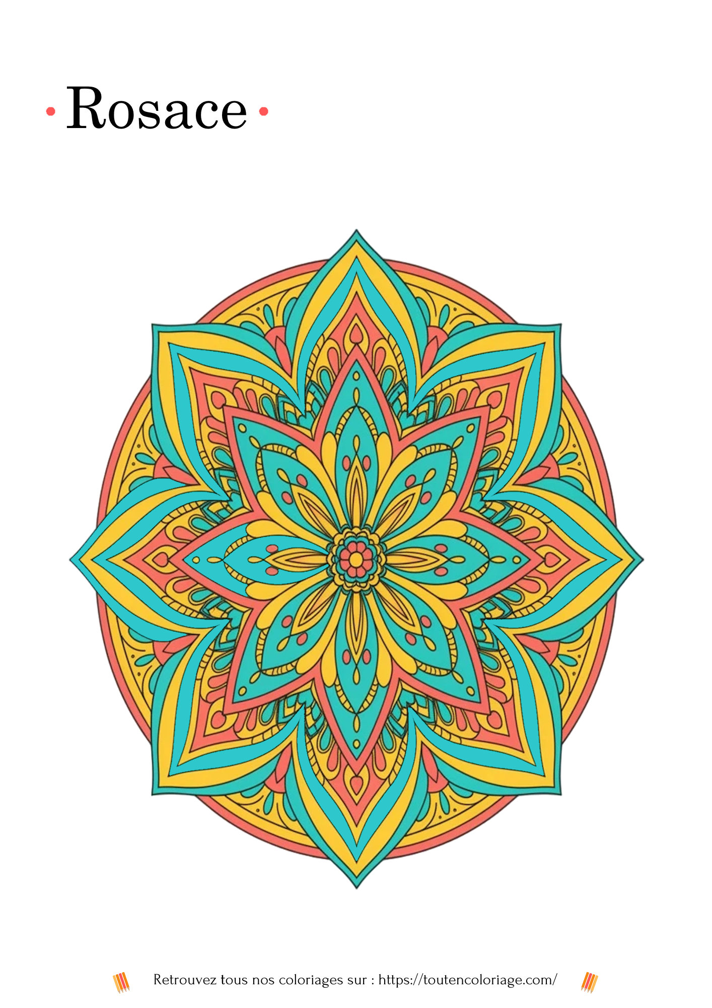 Coloriage à imprimer d'un mandala en forme de rosace verte rose et bleu