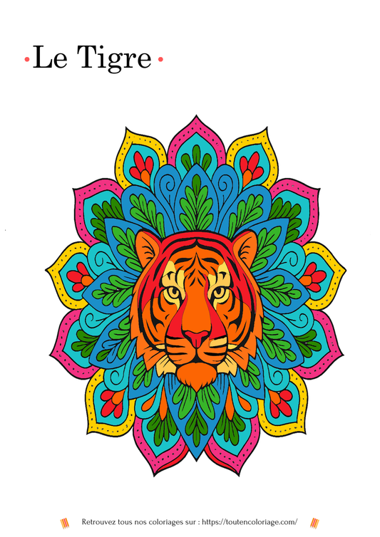 Coloriage tête de tigre mandala à imprimer avec motifs détaillés