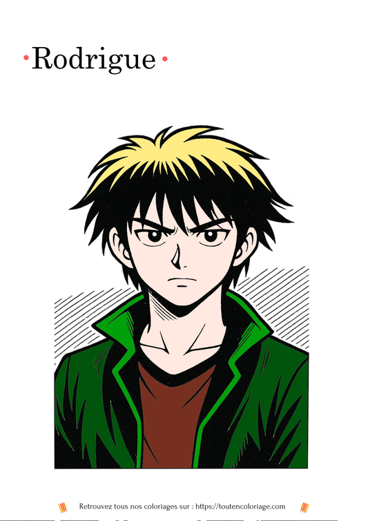 Coloriage à imprimer d'un personnage de manga garçon appelé Rodrigues. 