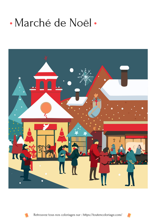Coloriage a imprimer d'un magnifique et coloré marché de Noël pour les grands et les petits.