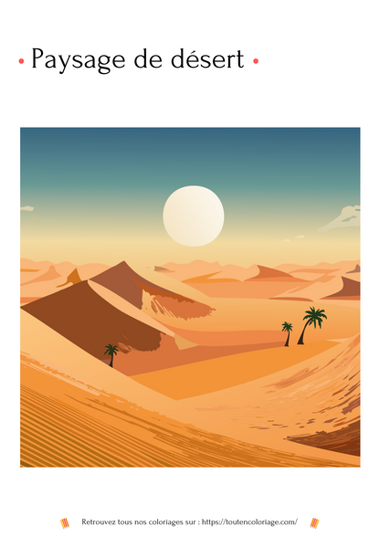 Dessin à colorier d'un magnifique paysage de désert avec des dunes de sables jaune et orange et quelques palmiers.
