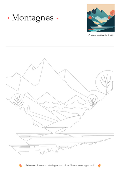 Dessin à colorier représentant une montagne et une rivière