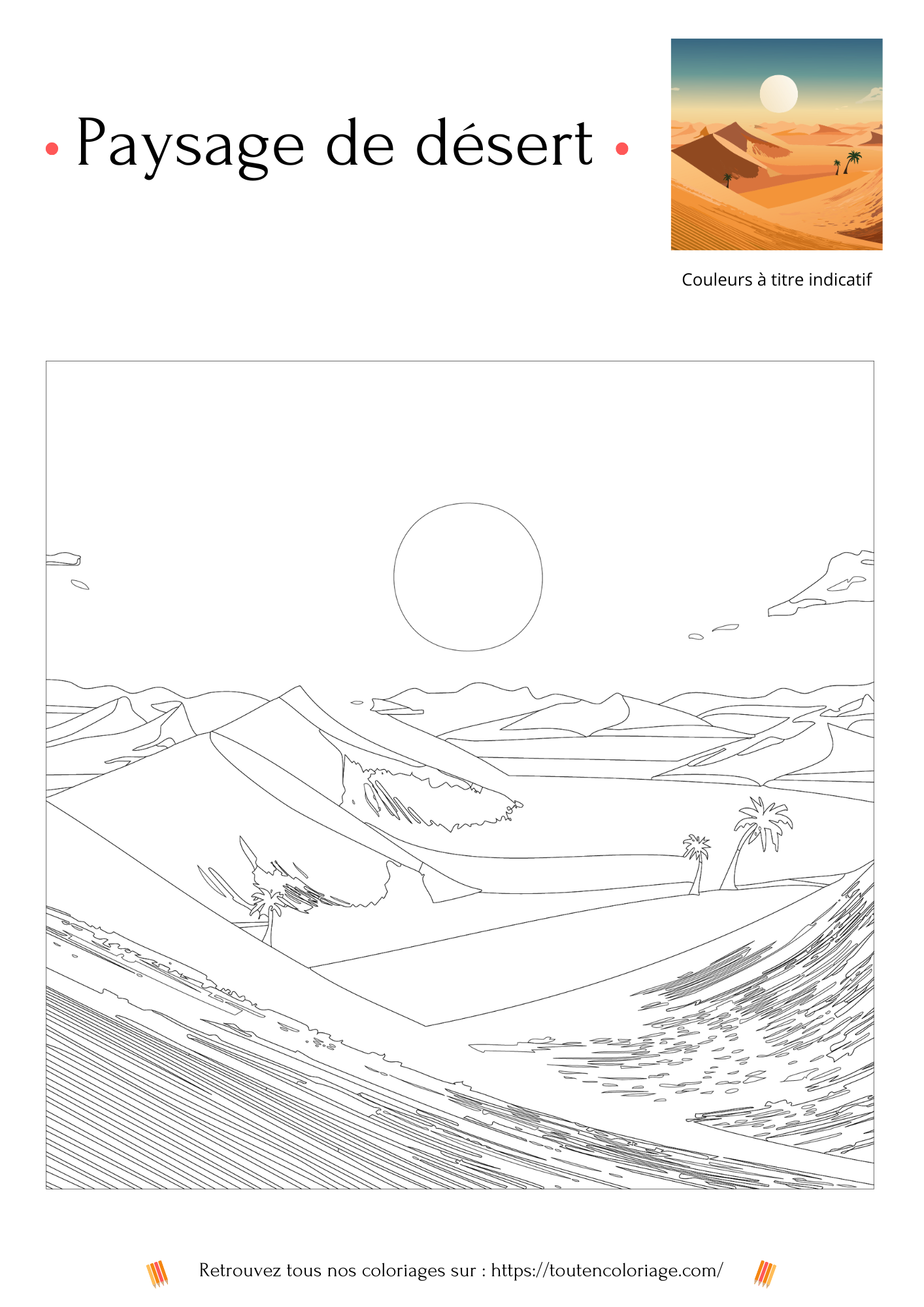 Dessin à colorier d'un magnifique paysage de désert avec des dunes de sables jaune et orange et quelques palmiers.