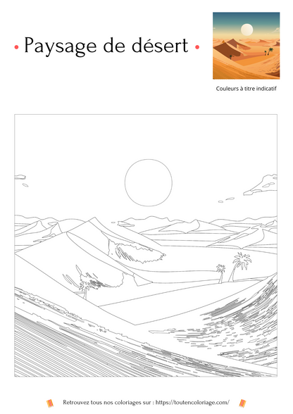 Dessin à colorier d'un magnifique paysage de désert avec des dunes de sables jaune et orange et quelques palmiers.