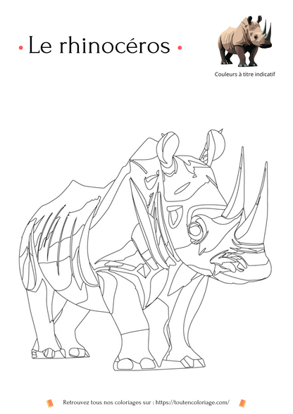 Coloriage à imprimer d'un rhinocéros - dessin à colorier de niveau 2 pour enfants et adultes de tout âges - PDF téléchargeable