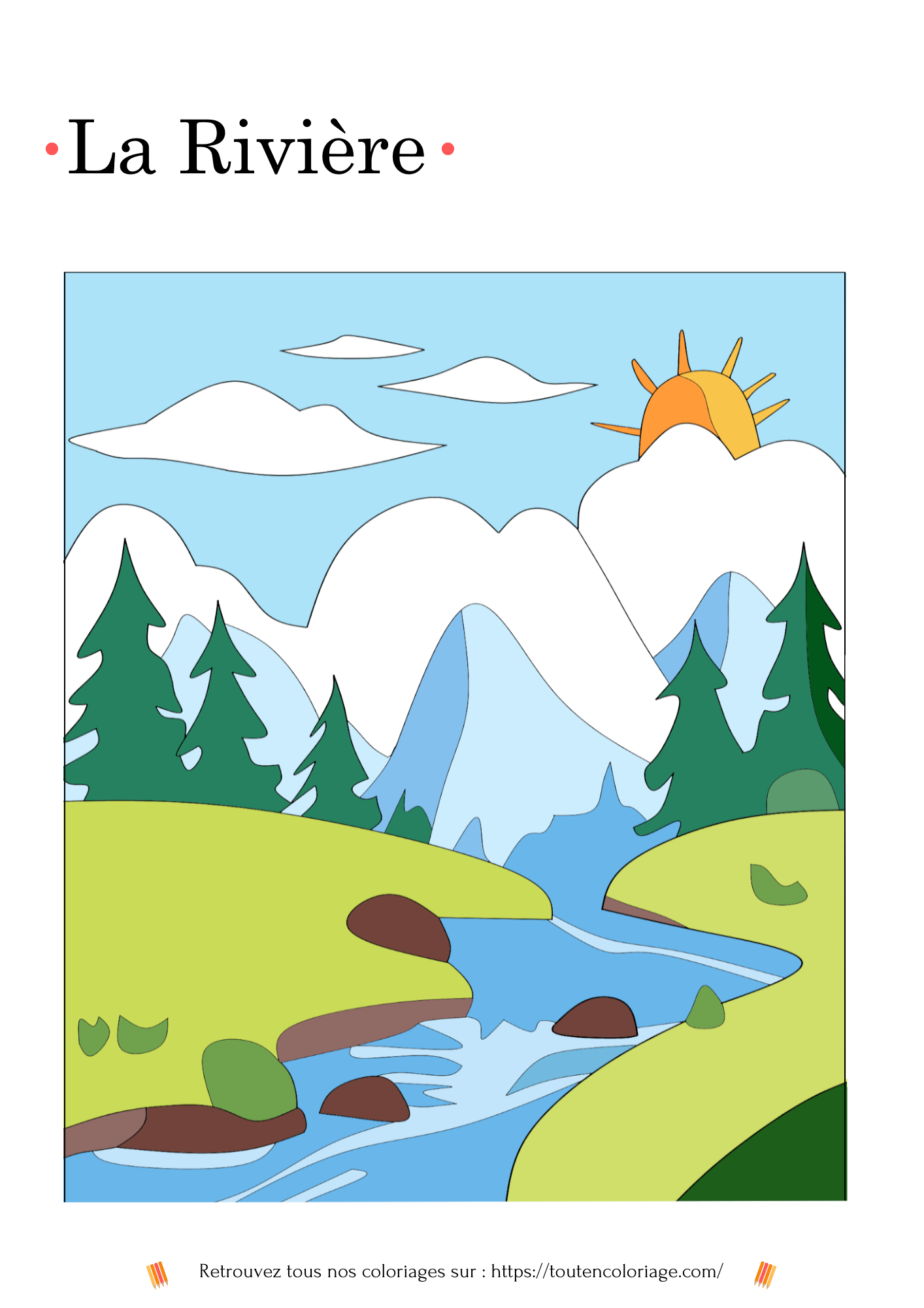Coloriage a imprimer d'un paysage serein d'une rivière serpentant à travers des arbres majestueux bordent ses rives.