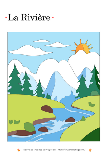 Coloriage a imprimer d'un paysage serein d'une rivière serpentant à travers des arbres majestueux bordent ses rives.