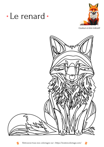 Coloriage d'animaux, renard de niveau 2 à colorier pour enfants et adultes de tout âges, PDF téléchargeable sur toutencoloriage.com