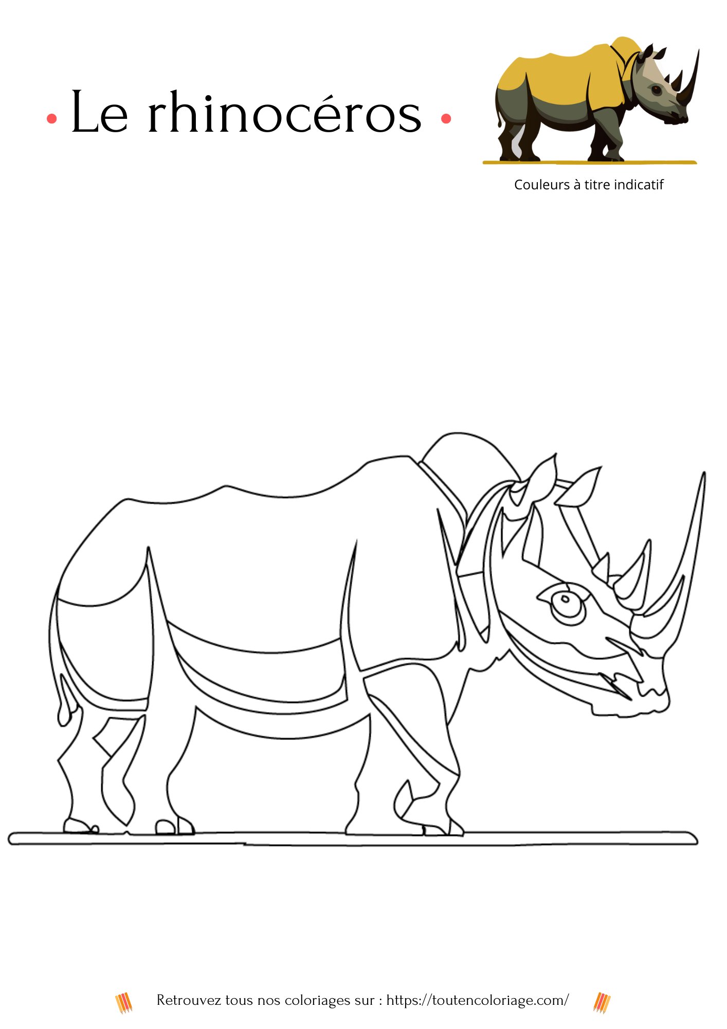 Coloriage d'animaux, rhinocéros à colorier pour enfants et adultes de tout âges, PDF téléchargeable sur toutencoloriage.com